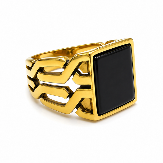 Men's Gold Stainless Steel Architectural Black Stone Ring