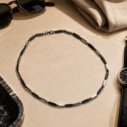 Black & Silver Geometric Chain Necklace – Stainless Steel Link Necklace