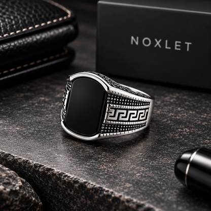 Men’s Black Stone Greek Key Signet Ring