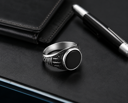 Men's Silver Black Stone Signet Ring – Stainless Steel Vintage Style