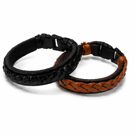 Men's Layered Leather Bracelet Set (Black & Brown)