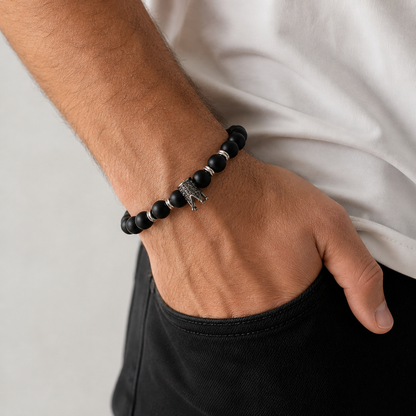 Black Beads Bracelet with Crown Charm