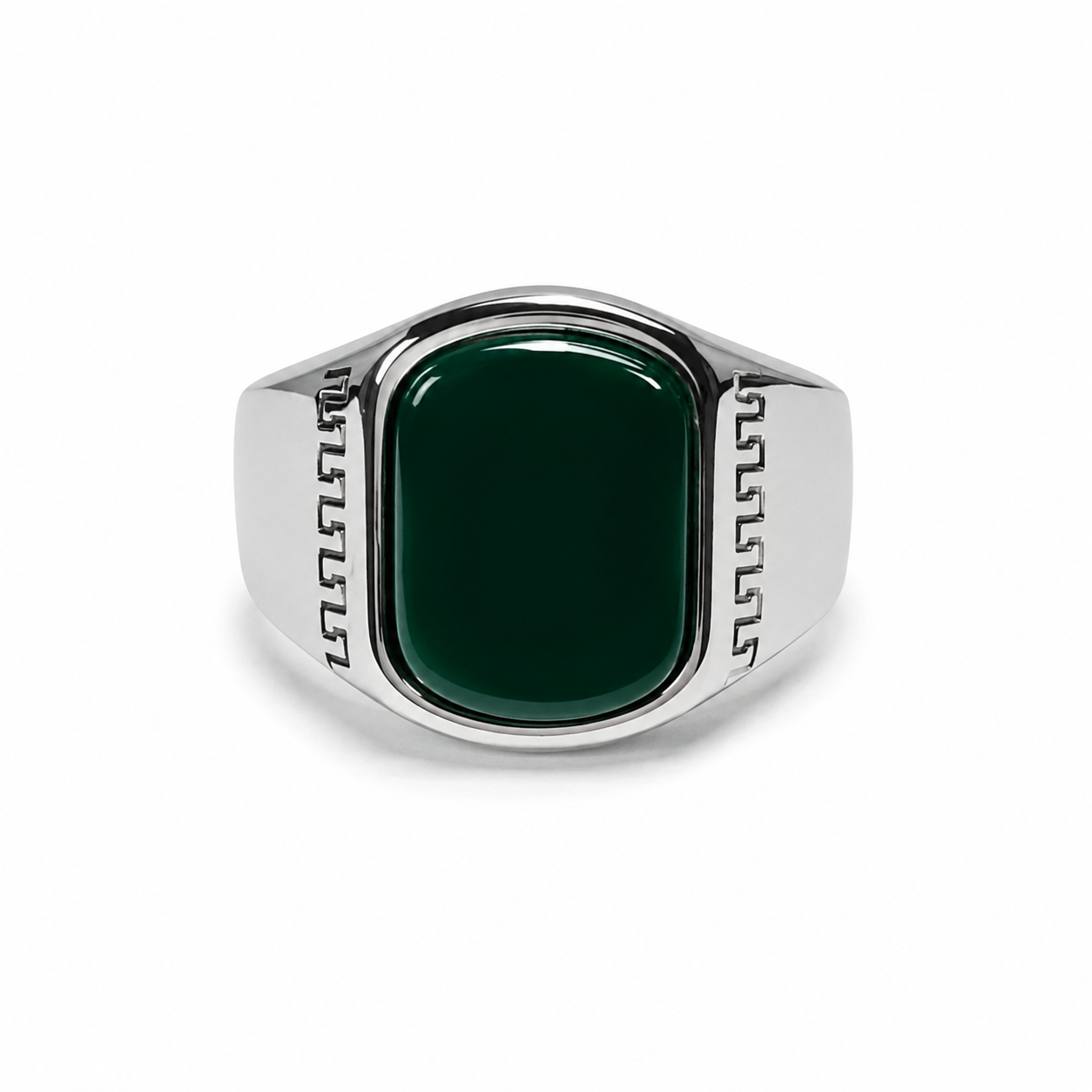 Silver Green Stone Signet Ring for Men