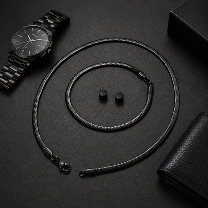 Men's Black Stainless Steel Bracelet, Necklace & Magnetic Ear Studs Set