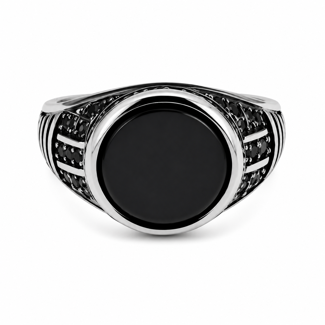 Men's Silver Black Stone Signet Ring – Stainless Steel Vintage Style