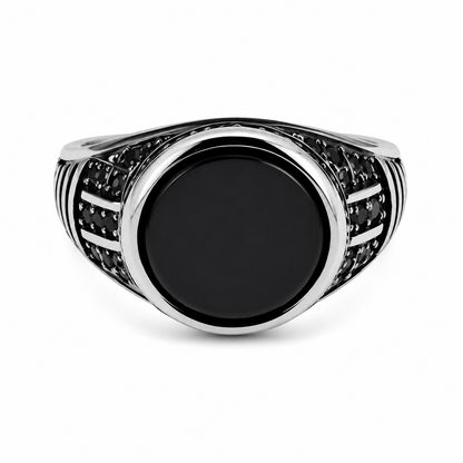 Men's Silver Black Stone Signet Ring – Stainless Steel Vintage Style