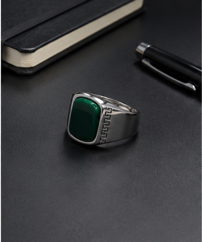 Silver Green Stone Signet Ring for Men