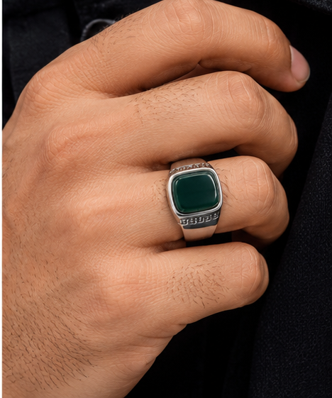 Silver Green Stone Signet Ring for Men