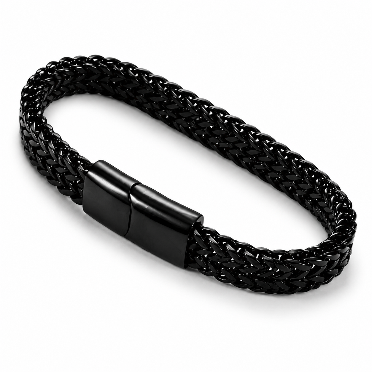 Slim black braided chain bracelet — stainless steel magnetic clasp