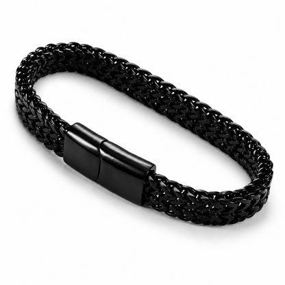 Slim black braided chain bracelet — stainless steel magnetic clasp