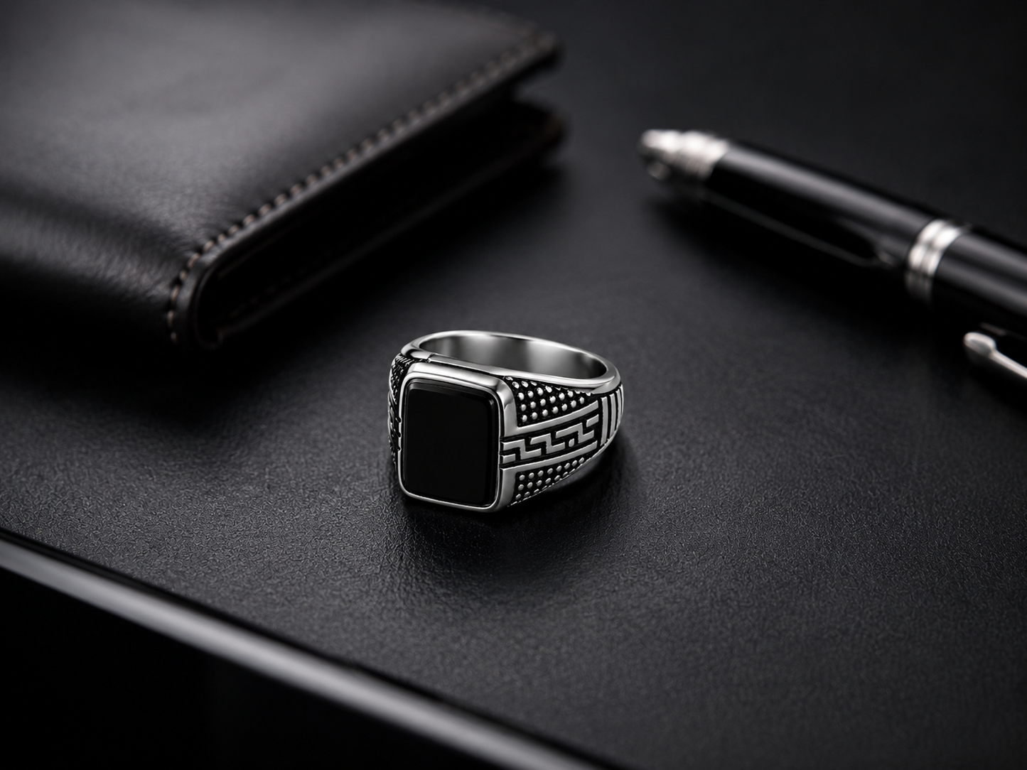 Men's Greek Pattern Black Stone Signet Ring – Silver Stainless Steel