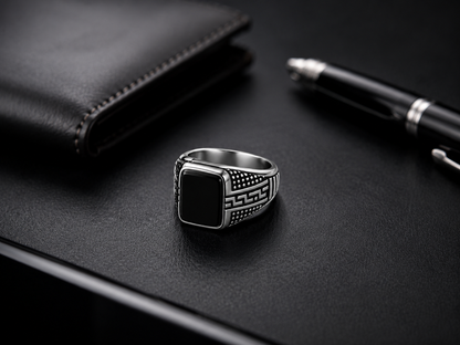Men's Greek Pattern Black Stone Signet Ring – Silver Stainless Steel