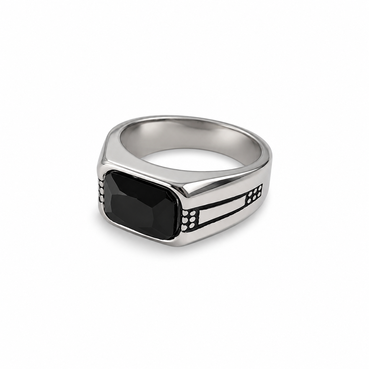 Silver Signet Ring with Black Stone – Stainless Steel Statement Ring