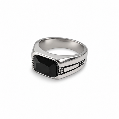 Silver Signet Ring with Black Stone – Stainless Steel Statement Ring
