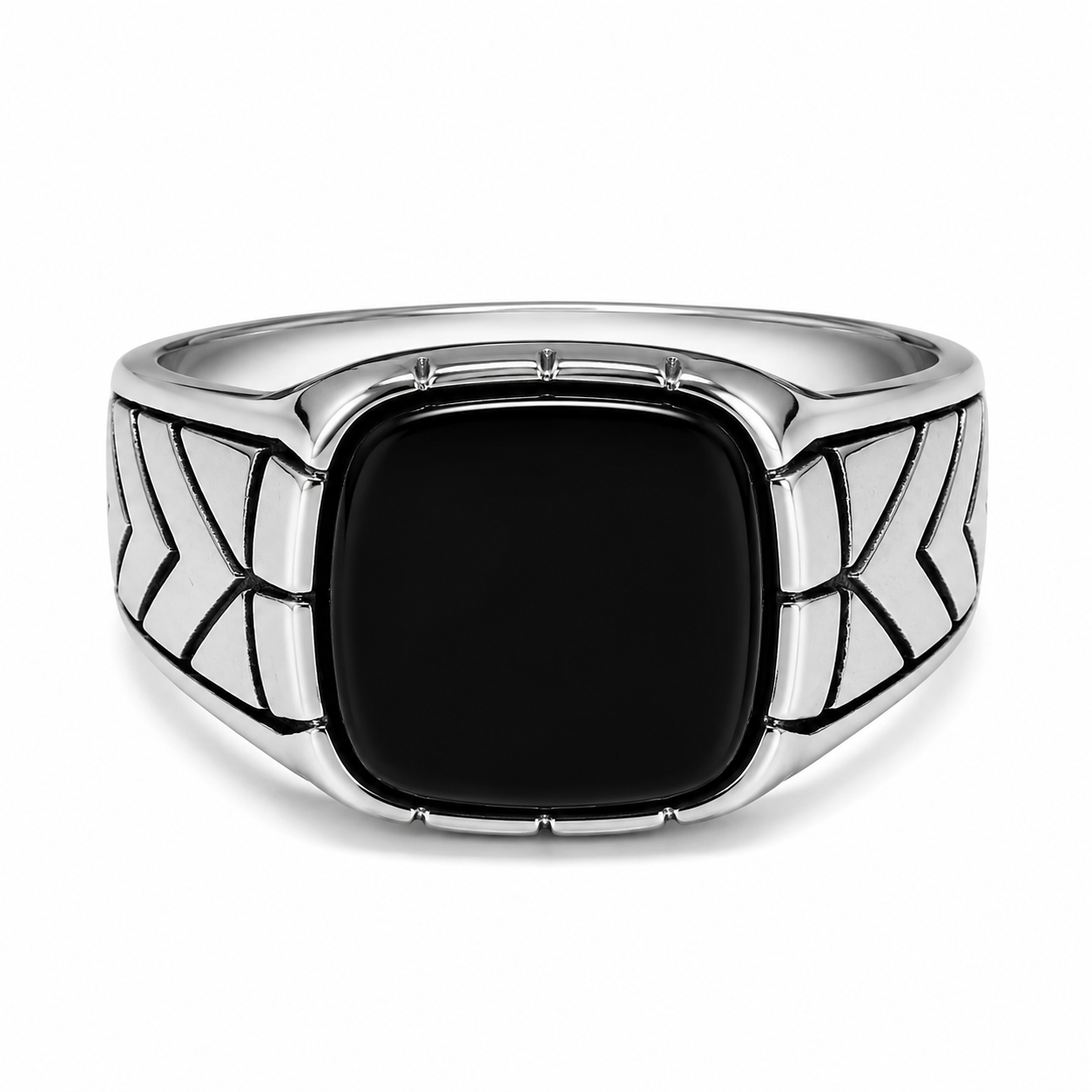Front view of men's square black onyx stainless steel signet ring