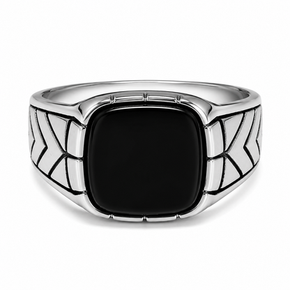 Front view of men's square black onyx stainless steel signet ring