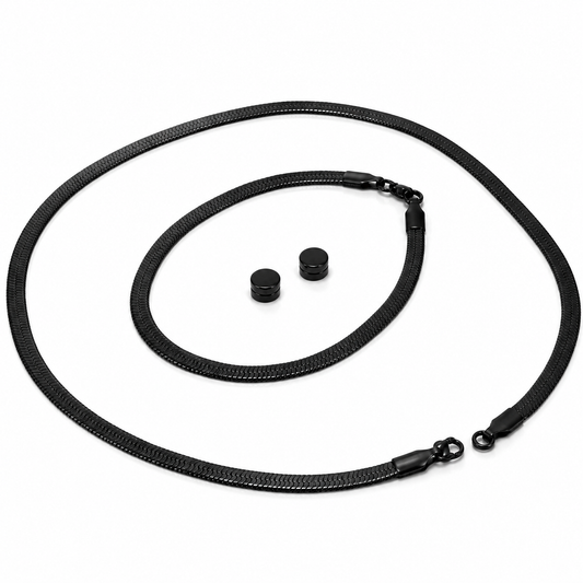 Men's Black Stainless Steel Bracelet, Necklace & Magnetic Ear Studs Set