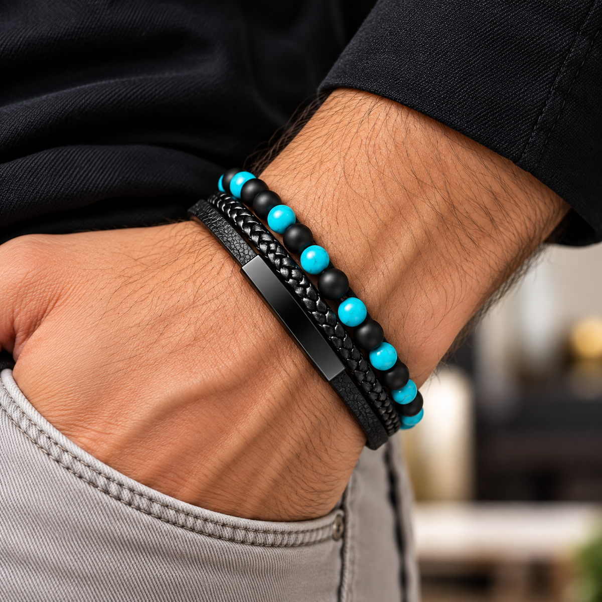 Black & Turquoise Braided Leather Bracelet