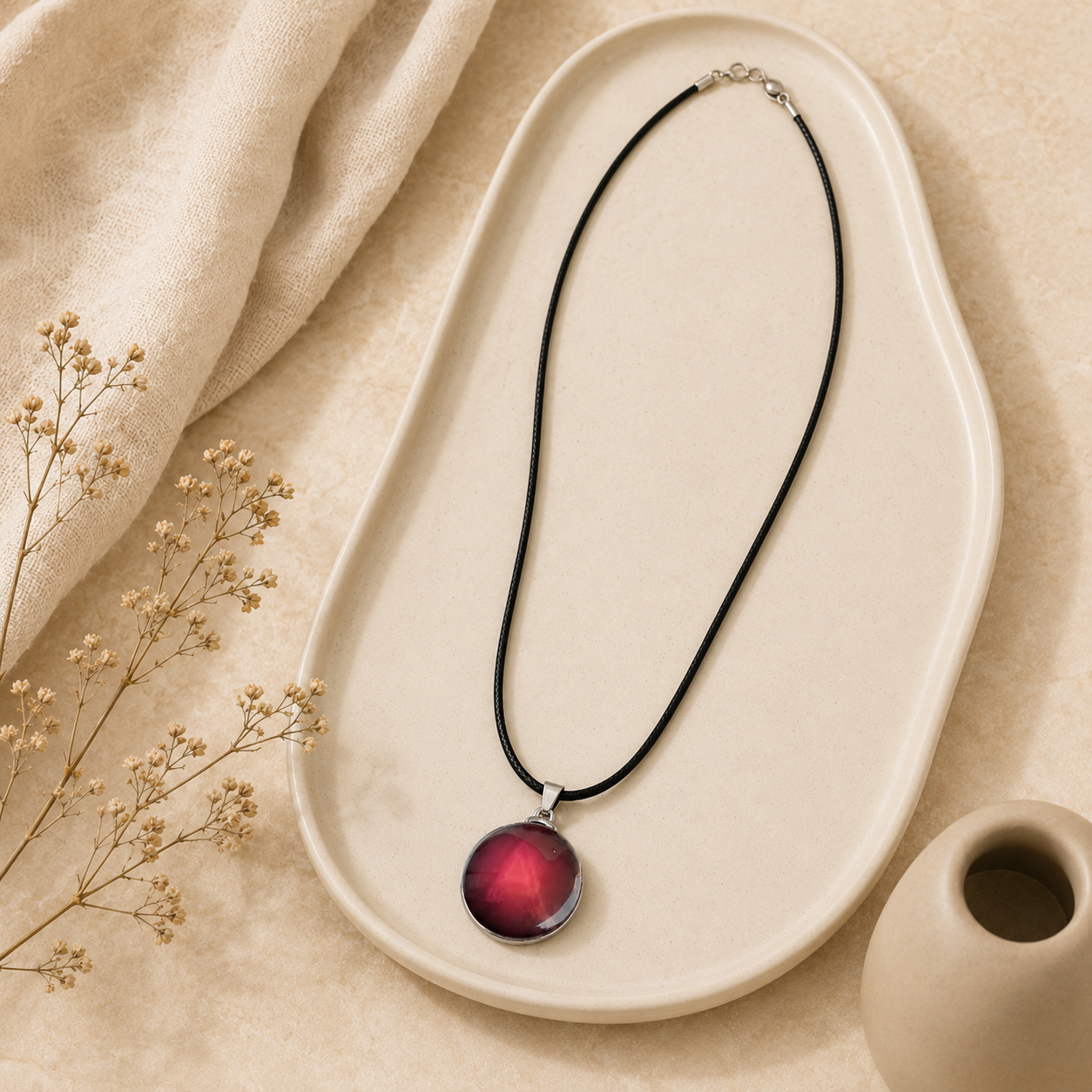Red Stone Pendant Necklace with Black Cord