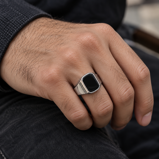 Men’s Silver Stainless Steel Signet Ring with Black Stone