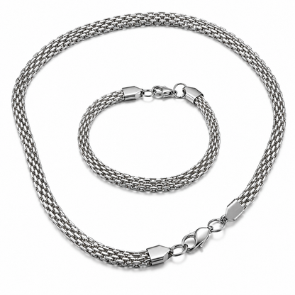 Men's stainless steel silver chain necklace and bracelet set