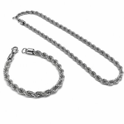 Men's Rope Chain Necklace & Bracelet Set – Silver Stainless Steel