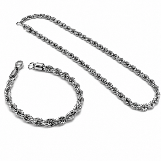 Men's Rope Chain Necklace & Bracelet Set – Silver Stainless Steel