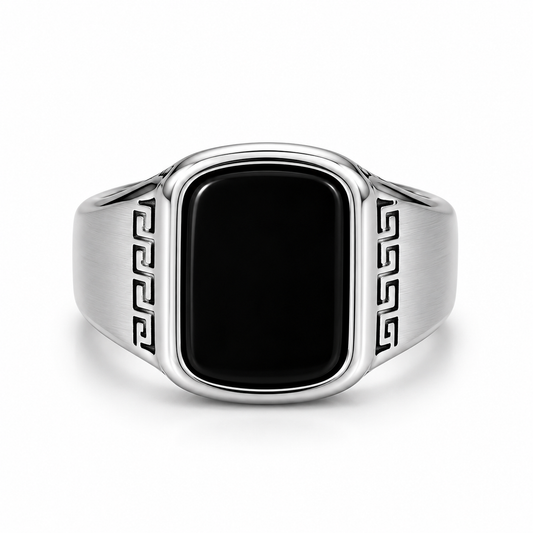 Men’s Silver Stainless Steel Signet Ring with Black Stone