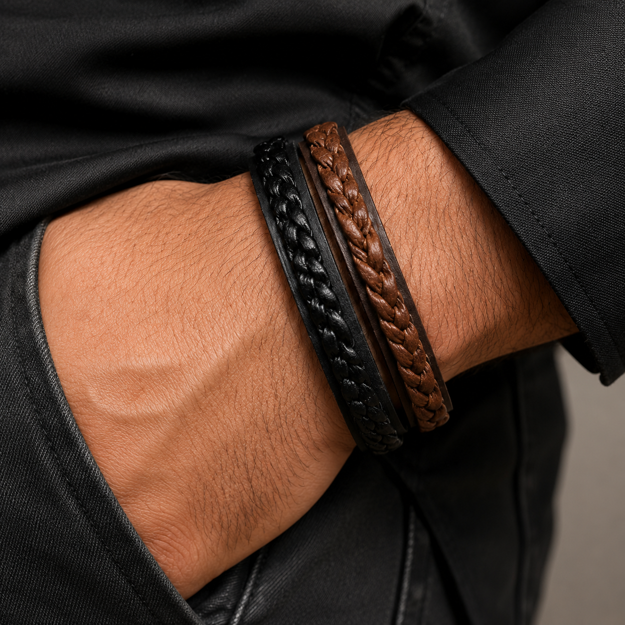 Men's Layered Leather Bracelet Set (Black & Brown)