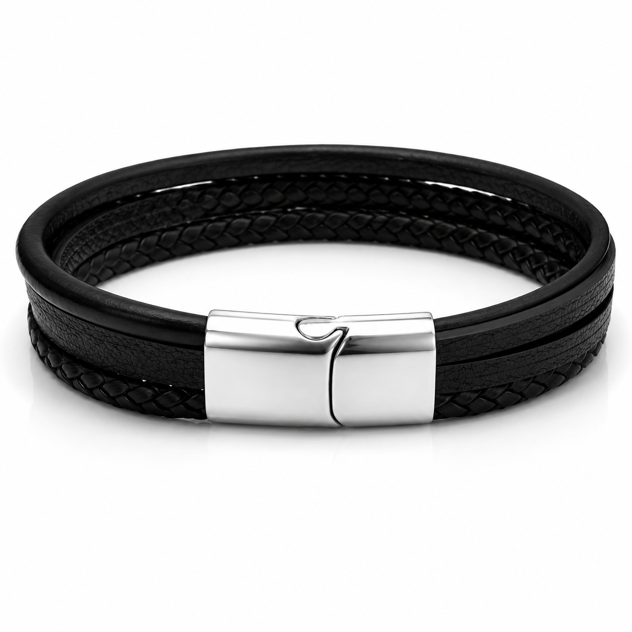 Men's Black Leather Tree of Life Bracelet with Stainless Steel Magnetic Clasp