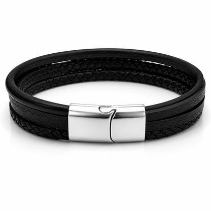 Men's Black Leather Tree of Life Bracelet with Stainless Steel Magnetic Clasp