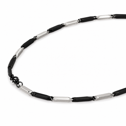 Black & Silver Geometric Chain Necklace – Stainless Steel Link Necklace