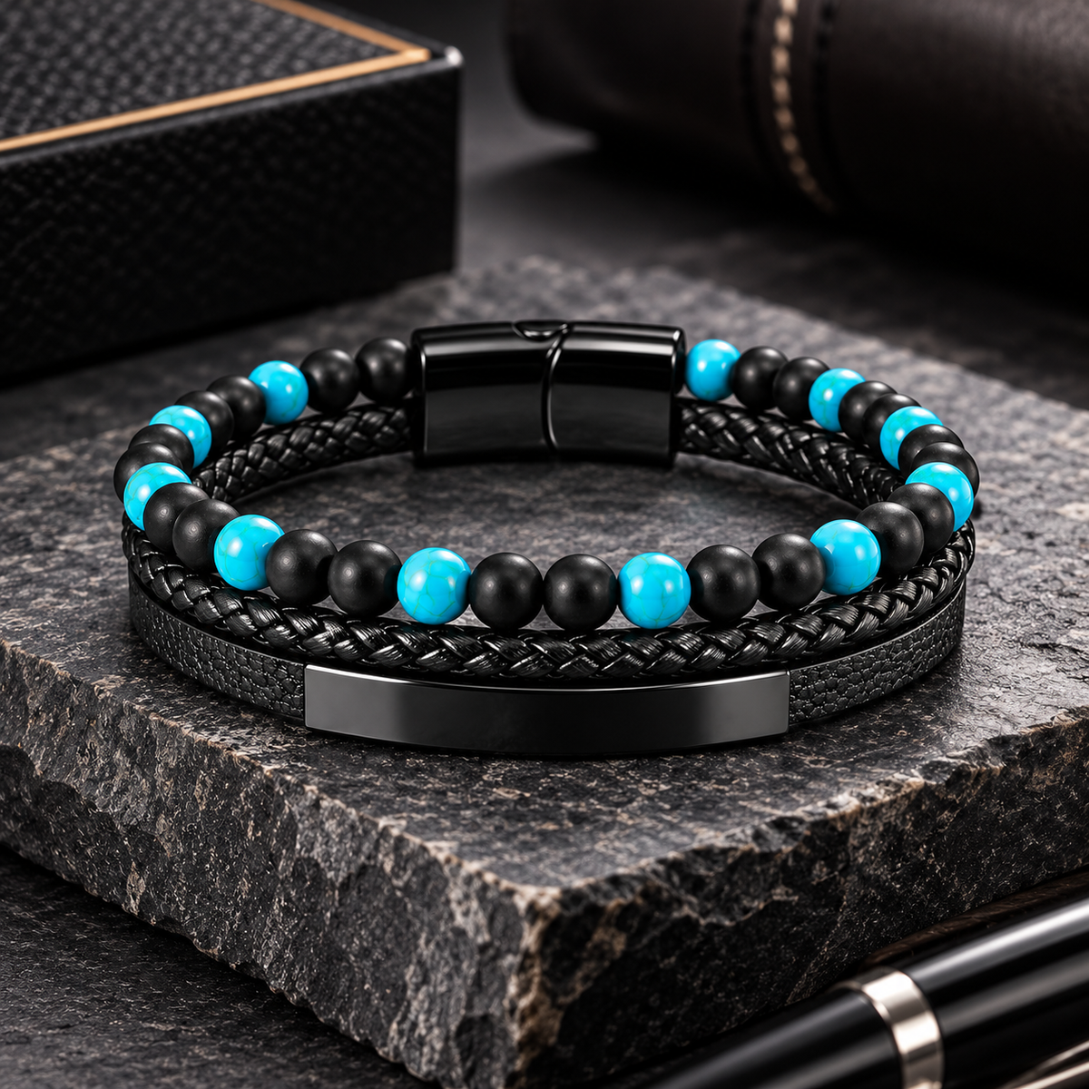 Black & Turquoise Braided Leather Bracelet
