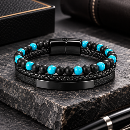 Black & Turquoise Braided Leather Bracelet