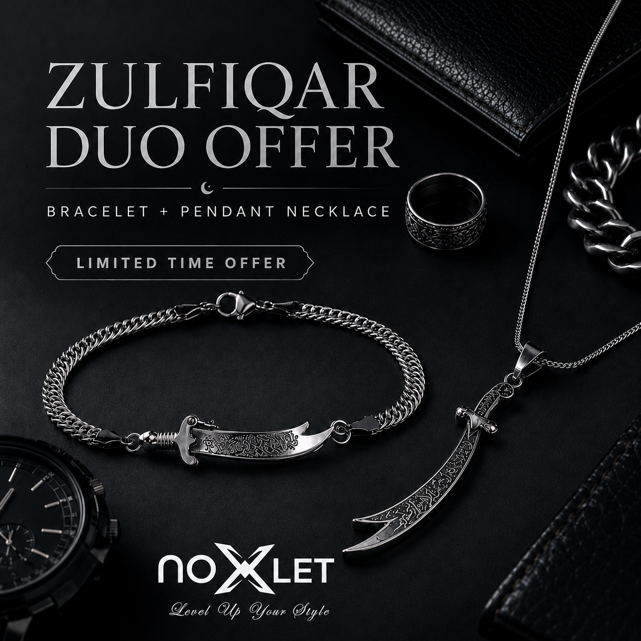 Silver Zulfiqar Duo Offer – Bracelet + Pendant Necklace