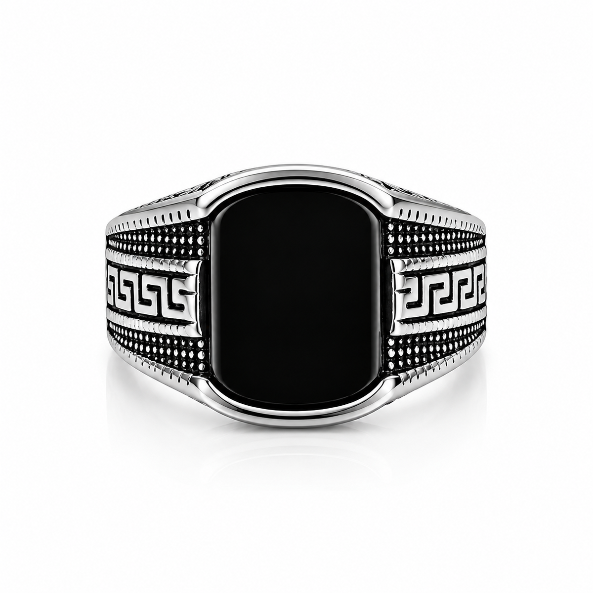 Men’s Black Stone Greek Key Signet Ring