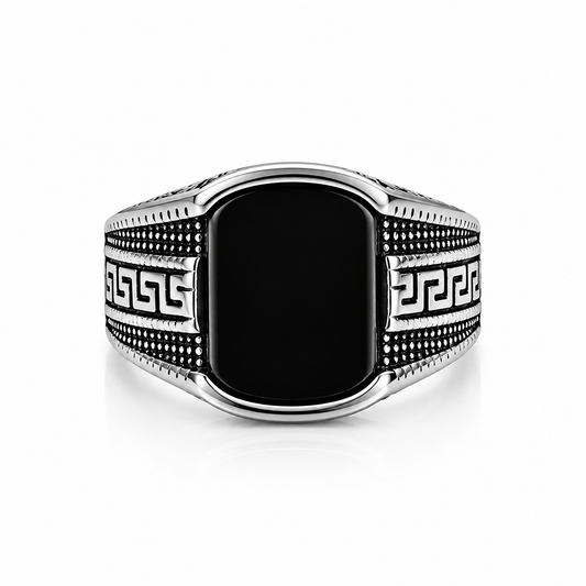 Men’s Black Stone Greek Key Signet Ring