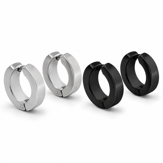 Men’s Silver & Black Non-Piercing Huggie Earrings Set