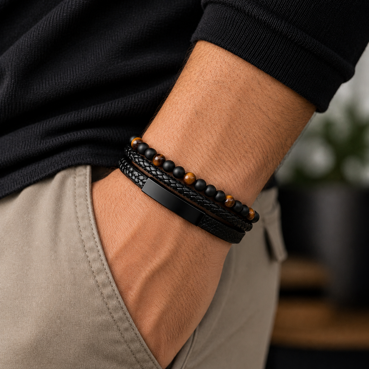 Men’s Black Leather & Beaded Bracelet