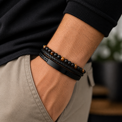 Men’s Black Leather & Beaded Bracelet