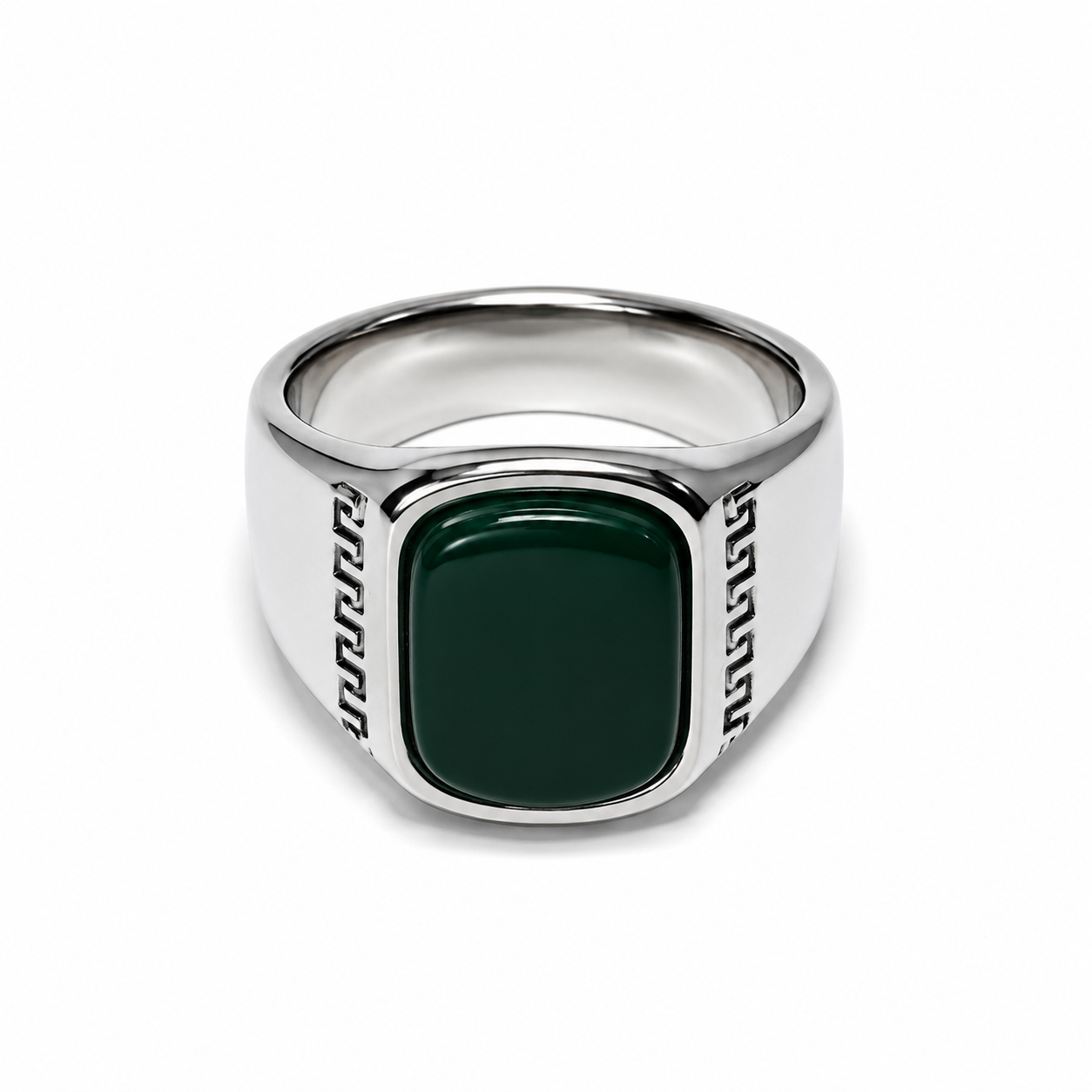 Silver Green Stone Signet Ring for Men