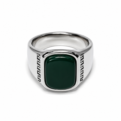 Silver Green Stone Signet Ring for Men
