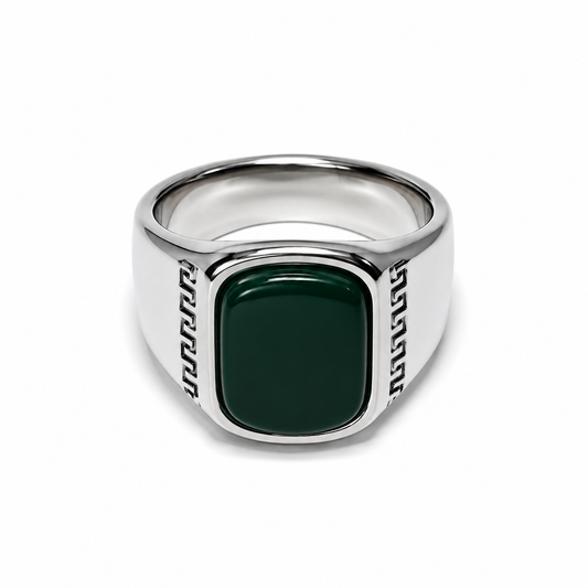 Silver Green Stone Signet Ring for Men