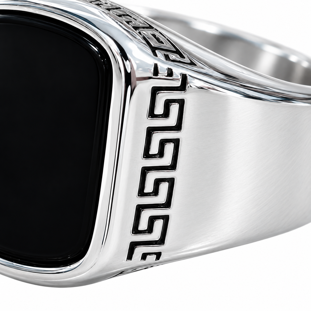Men’s Silver Stainless Steel Signet Ring with Black Stone