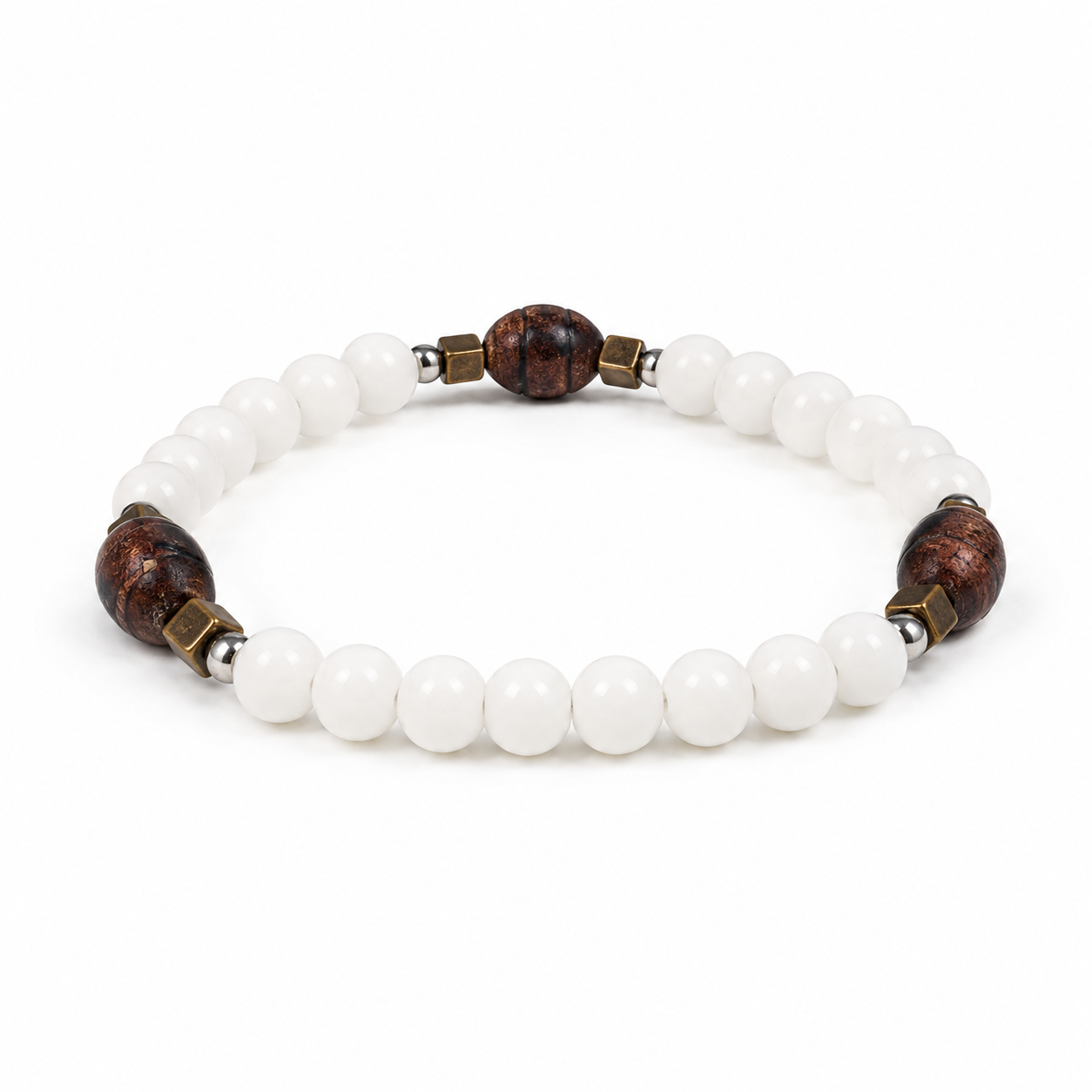 White Beaded Bracelet with Brown Wood Accents