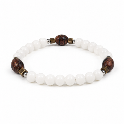 White Beaded Bracelet with Brown Wood Accents