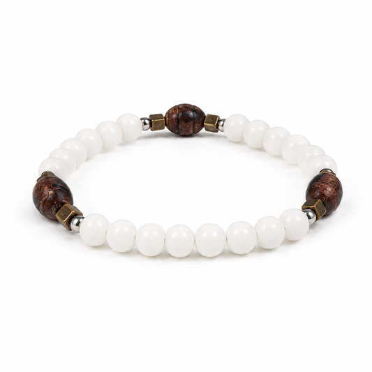 White Beaded Bracelet with Brown Wood Accents