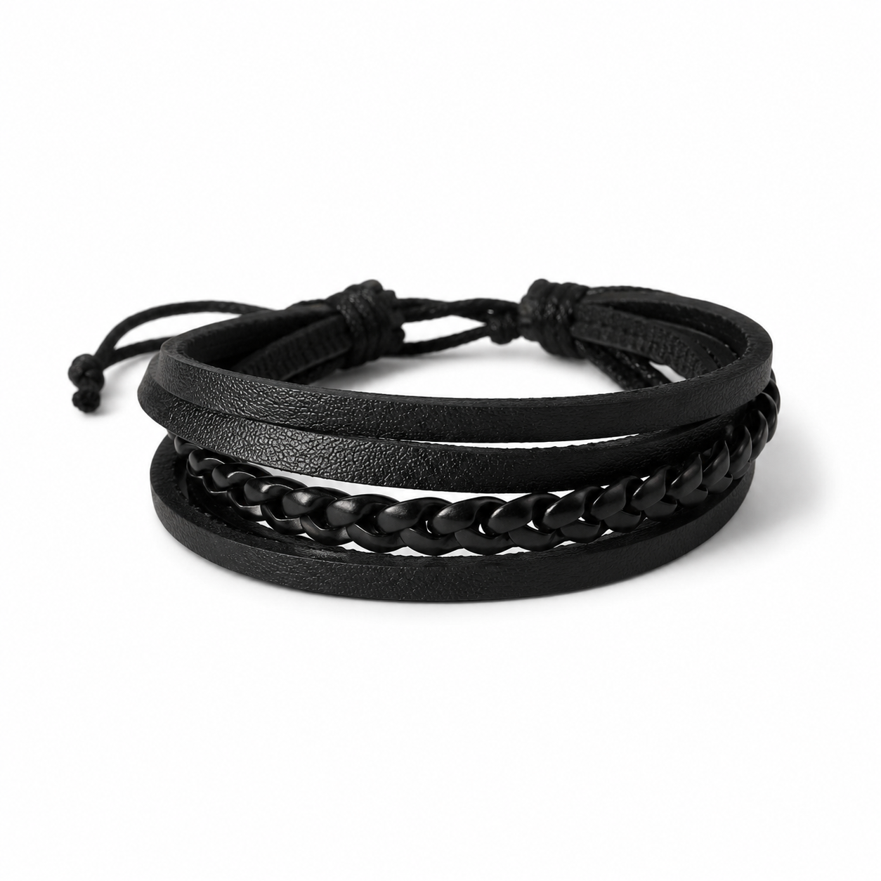 Black Braided Leather + Black and White Beaded Bracelet