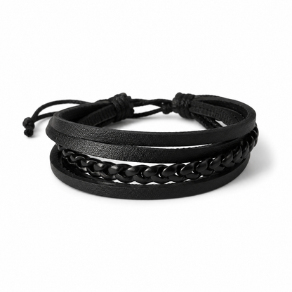 Black Braided Leather + Black and White Beaded Bracelet