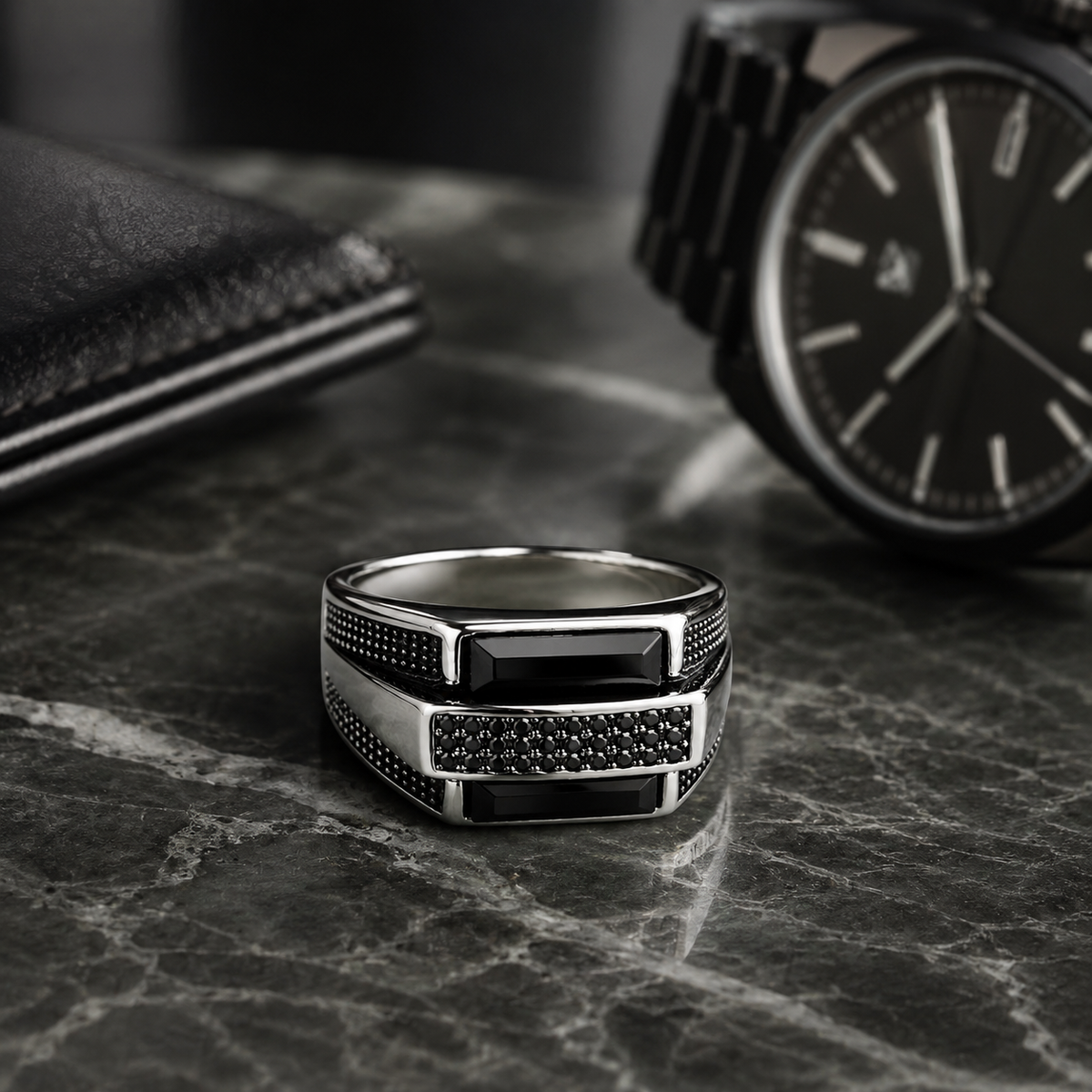 Men’s Black & Silver Geometric Signet Ring